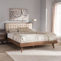 Baxton Studio Solomon-Ash Walnut/Beige-Full Soloman Mid-Century Modern Light Beige Fabric and Walnut Brown Finished Wood Full Size Platform Bed